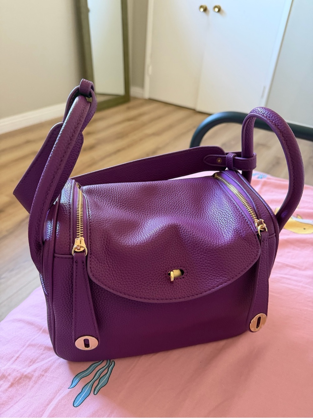 Purple Leather Shoulder Bag with Gold Hardware